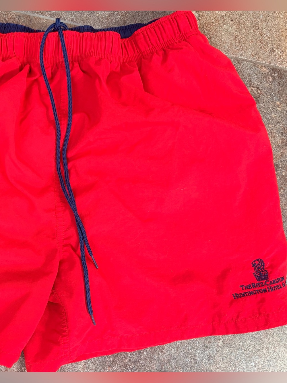 Men's Bright Red Swim Trunks with Navy Drawcord